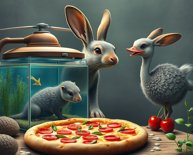 rabbit, armadillo, fish tank, pizza, helicopter, otter, mickey mouse, ostrich, cherry